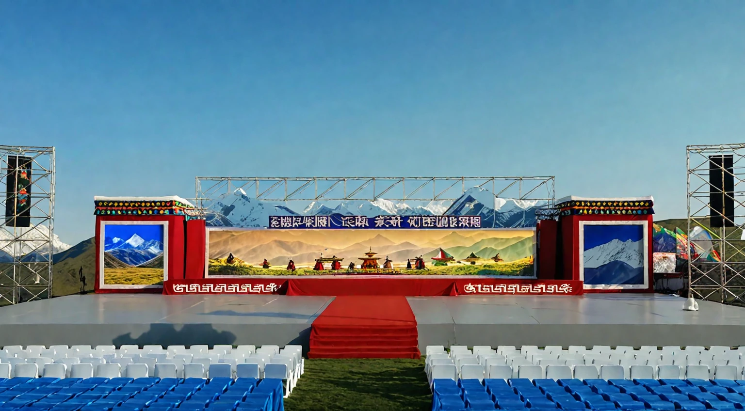 Tibetan tourism outdoor stage design, three large LED screens, four round seats, grass, blue sky, mountains, Tibetan, dance, Tibetan, astronomy, snow mountains