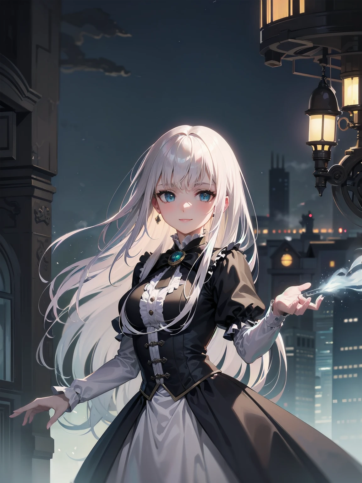 (Highest quality、16K、masterpiece、Ultra-high resolution、Victorian era、Photorealistic:1.2)、A delicate Lolita girl, aged 13, stands on a castle balcony at dusk, surrounded by the city's skyline and steampunk contraptions. Her platinum hair is messy, framing her androgynous charm. She wears a flowing white dress with a light green tie and holds a pocket watch in hand. A subtle smile plays on her lips as she gazes out at the night view, her eyes shining like sapphires. The air is filled with steam spewing from pipes, adding to the surreal atmosphere. Her skin glows with an ultra-dense texture, and her fingers are full and detailed.

