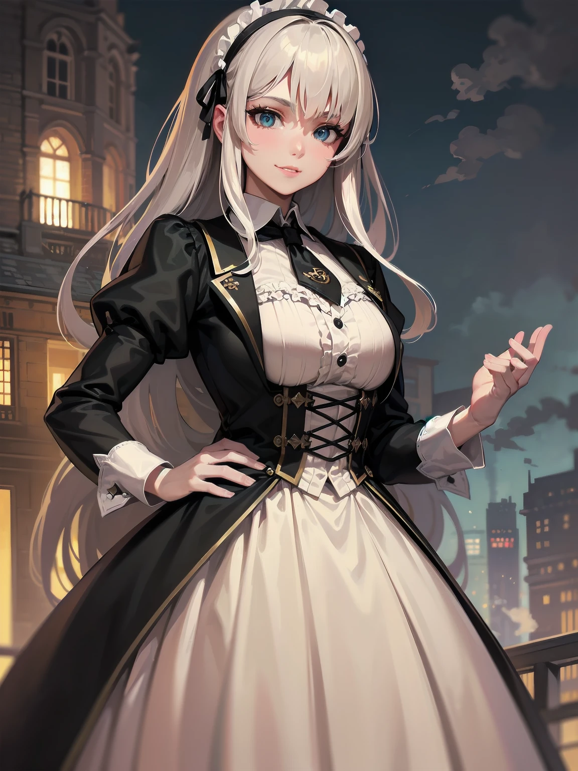 (Highest quality、16K、masterpiece、Ultra-high resolution、Victorian era、Photorealistic:1.2)、A delicate ta girl, aged 13, stands on a castle balcony at dusk, surrounded by the city's skyline and steampunk contraptions. Her platinum hair is messy, framing her androgynous charm. She wears a flowing white dress with a light green tie and holds a pocket watch in hand. A subtle smile plays on her lips as she gazes out at the night view, her eyes shining like sapphires. The air is filled with steam spewing from pipes, adding to the surreal atmosphere. Her skin glows with an ultra-dense texture, and her fingers are full and detailed.