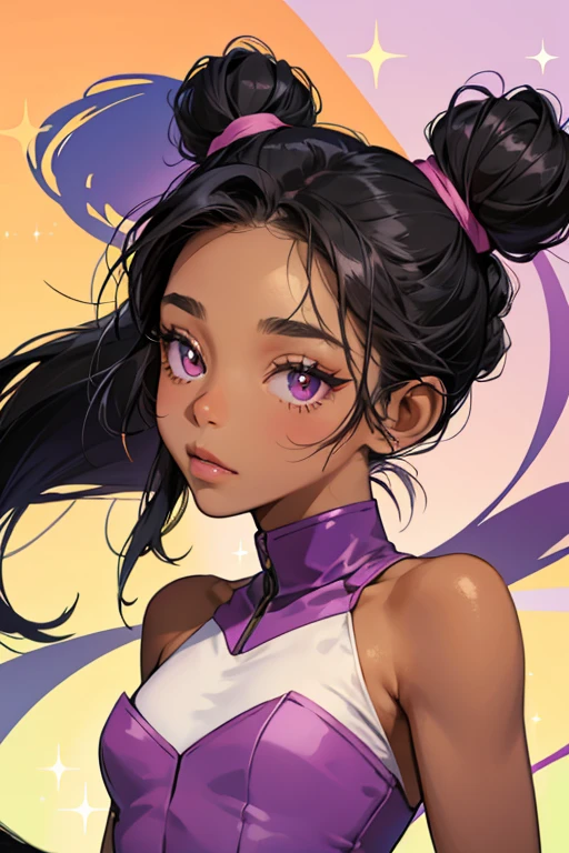 Jet Set Hop Hop has lavender and black hair tied in two low buns, tan ears, a tan muzzle, tan eyelids, tan paws, and a tan spot while the rest of her fur is white. She also has black eyes and a small pink tail. SPARKLE; GLITTER
