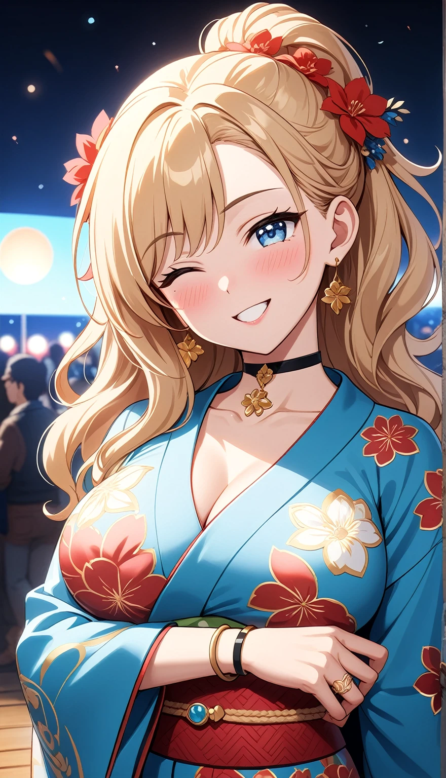 ((One personの女性)), Beautiful Face,(Laughing embarrassedly), (naughty face:1.2), ((Wink:1.9)), (head tilt:1.3), Laughing with your mouth open, upper teeth, ((full-face blush:1.5)), looking at viewer, Glossy Red Lips, (Shining Face), ((Anime style background)) , night, Observatory, Festival decorations, firework, ,masterpiece, Highest quality, so beautiful,up to date, Complex details, (Pink long nails),(ring),(bracelet),(choker),AI-generated, Complex,High resolution, Highest quality, super high quality,3D Images、3D Images,One person,Long blonde hair,ponytail, wavy hair ,写真のポーズをとるAnime Women, ((Fine grain、Light blue eyes、Shining Eyes:1.4)), (Squint your eyes:1.1),a hyperRealistic , hyperRealistic , Realistic,Anime Women, Smooth anime CG art, A woman in a colorful kimono with gold embroidery, ((Light blue long sleeve kimono)),Red floral pattern,Long flower hair ornament,Earrings,Mature Body,(Big Breasts:1.1),Tall,Abdominal muscles,Tight waist,(face focus:1.4), ((front view)),