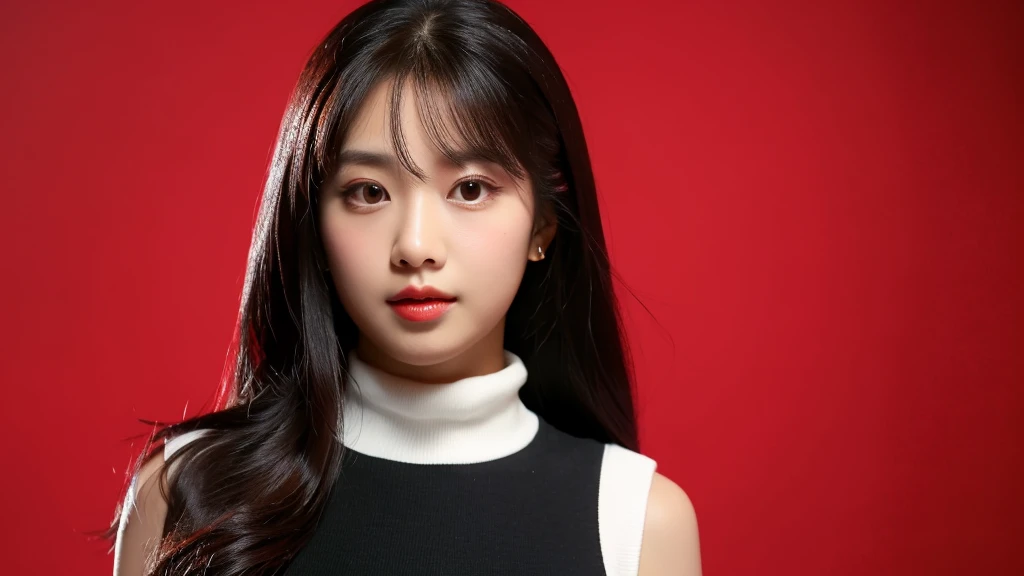 rose,(detailed face),VIVID,pretty,sleeveless and turtle neck white silky clothes,4k ,super high resolution ,(photo-realistic: 1.7),((red background)),black long hair,