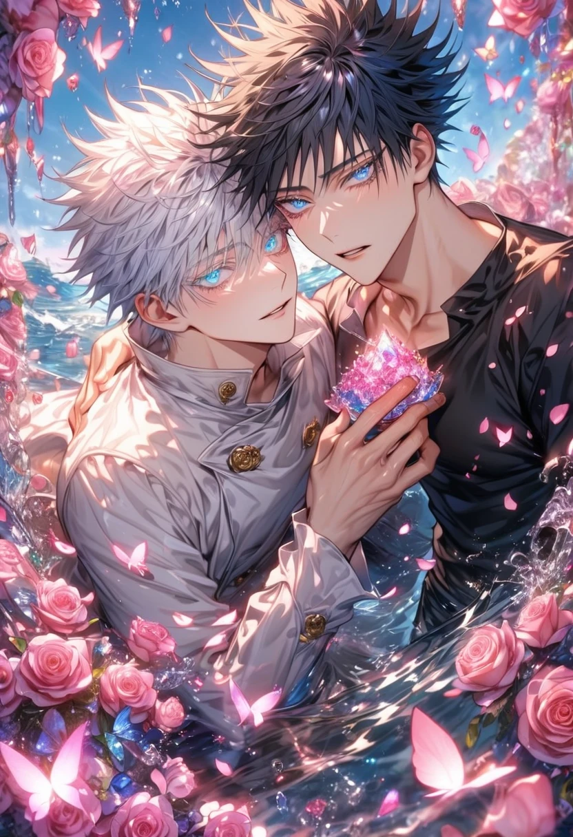 Ultra detailed, HDR, Highres, absurdres, master piece, Gojou Satoru, expressive blue eyes, white hair with bangs, white eyelashes, Fushiguro Megumi, expressive blue eyes, black hair, Jujutsu Kaisen, black shirt, pink glittering butterflies, pink ice, petals, pink ice glass roses, 2 sexy men together, gay couple, love, handsome, glittering, water, fantasy, magical