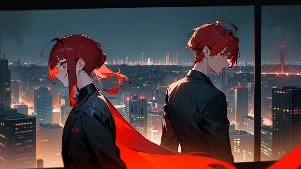 masterpiece, detailed, ( 1 girl and 1 gang man focus ) , girl and gang male at an night modern cityscape , ( 1 girl and 1 gang male:1.3 ) , red hair male, ( male with red hairstyle:1.3 ) , male's nape hair is long , ( beige hair girl ) , chignon hairstyle girl, ( girl with single chignon hairstyle:1.3 ), messy blunt bangs male , girl with blunt bangs , wearing black suit , deep-red eye , ( male face:1.3 ) , (( The background of the night modern cityscape )) , ( midnight ) , back to back , neon , building , moonlight