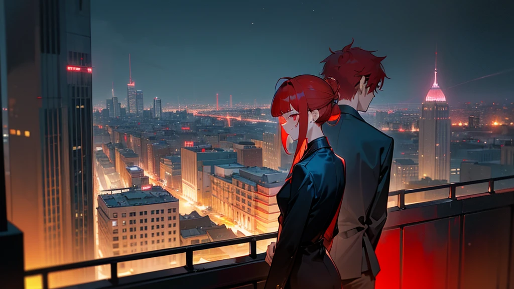 masterpiece, detailed, ( 1 girl and 1 gang man focus ) , girl and gang male at an night modern cityscape , ( 1 girl and 1 gang male:1.3 ) , red hair male, ( male with red hairstyle:1.3 ) , male's nape hair is long , ( beige hair girl ) , chignon hairstyle girl, ( girl with single chignon hairstyle:1.3 ), messy blunt bangs male , girl with blunt bangs , wearing black suit , deep-red eye , ( male face:1.3 ) , (( The background of the night modern cityscape )) , ( midnight ) , back to back , neon , building , moonlight