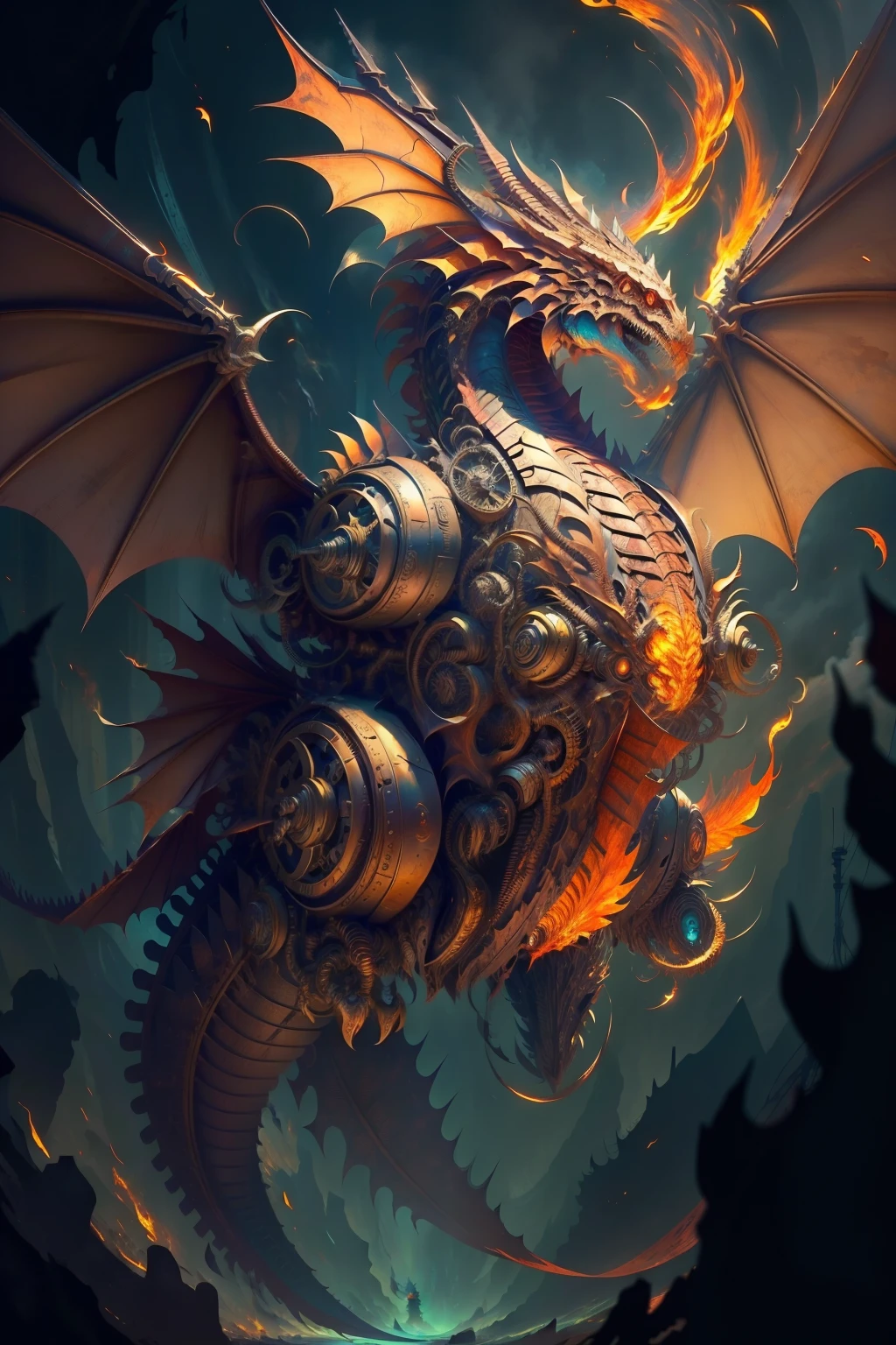 The head of a mechanical dragon ,wings(Demon's wings,Flame-entwined wings,Huge wings unfolded