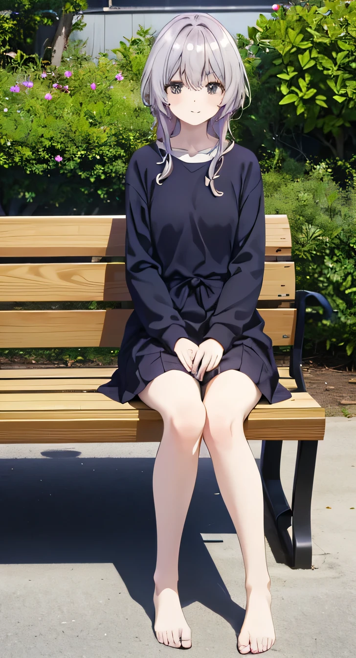 resolution, (Head to Toe full body), front, frontComposition from slightly below, Symmetric, Tall 18 year old girl, alone, (Head to Toe), (Small breasts), Black Hair, (), (Sit with your legs apart), (Crouching pose), ( (Sit on a bench with your legs spread), (M-shaped feet), Thin legs, Very beautiful tall 18 year old girl, , smile、 Looking into the camera, （I&#39;m not wearing shoes）Long sleeve blouse、Skinny jeans、
