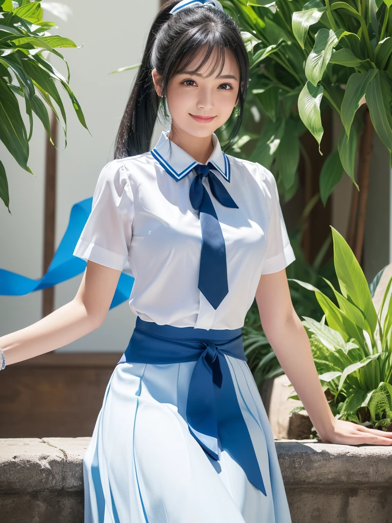 masterpiece, Highest quality, High resolution, Very detailed, Detailed Background,(Fraurem Chrome, (Black Hair, Semi-long hair, Blue ribbon in ponytail),(White blouse, Blue short ribbon tie, Blue long skirt), small, Neat, Iris,study, A kind smile), Scale out, Chic study, vase