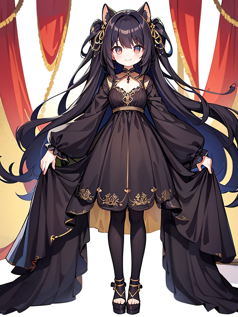 Full-body portrait、Are standing、Adult women、Black Hair、Untidy hair、Messy hair、Thick Hair、Very long hair、Long Hair、A thin, revealing black curtain dress、smile
