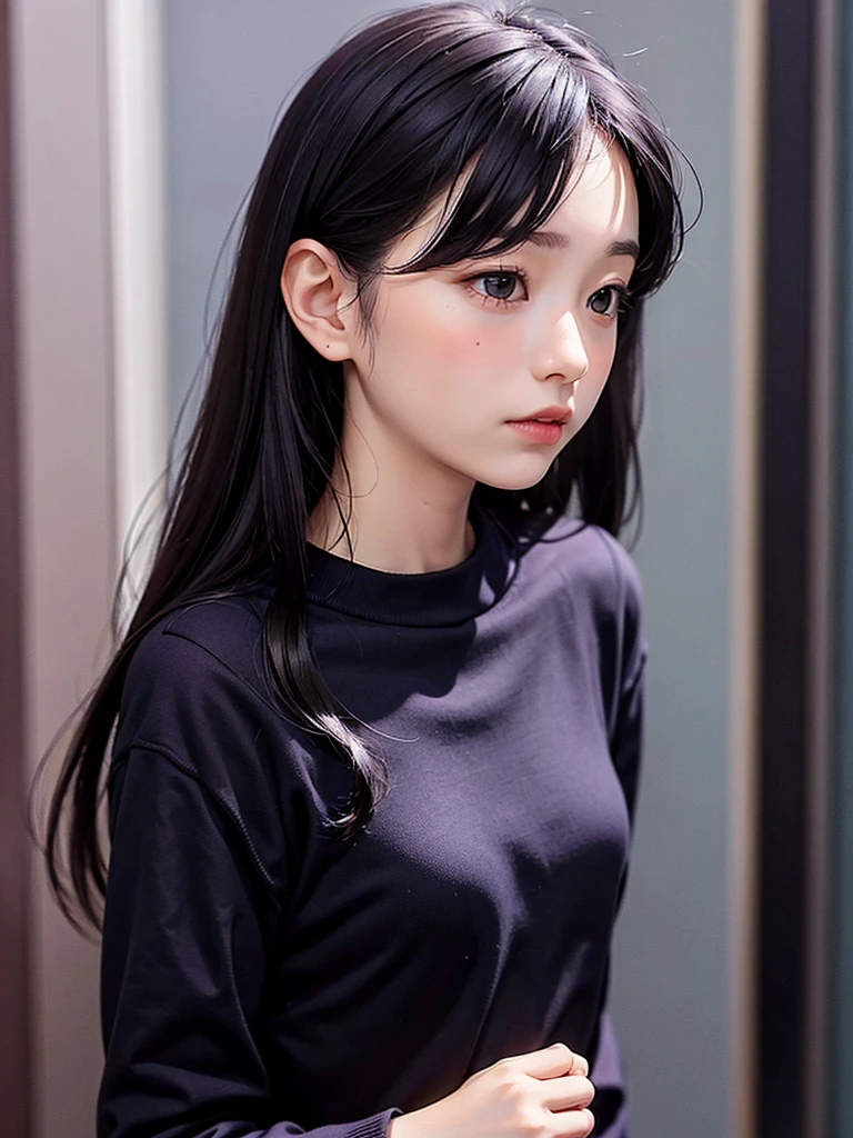 1 girl, 12yo. spring, quiet, purple-black hair, school clothes, rich ???, quiet girl