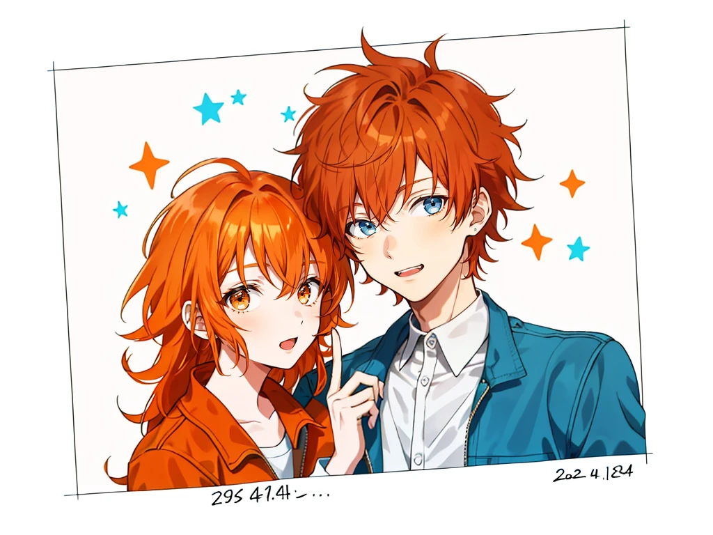 1 boy, 24 years old, messy hair, orange hair, medium hair, jumpsuit, 1 girl, 24 years old,
