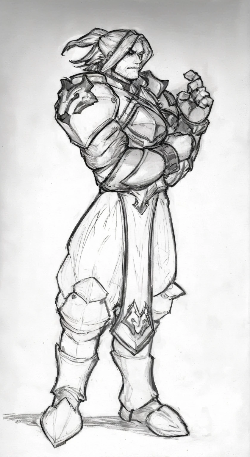 A drawing of a man with a sword in his hand, old Sketch, torchlight. Sketch, a human male paladin, concept art of a warrior, conceptual character, character design Sketch, concept art Sketch, male paladin, Heavy contours, Anthro concept art, fighter pose, Conceptual armor, overwatch fatal fist, thick armor, detailed Sketch, heavy linear
