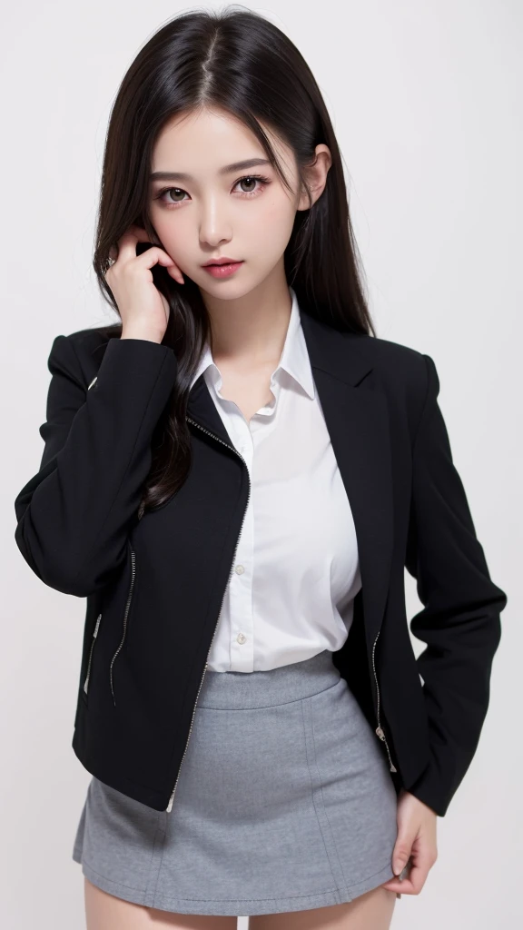 (((forehead、Northern Europe、White people、beautiful girl、Black Hair、White background、high school girl、Dress shirt、mini skirt、Jacket)))、table top, highest quality, figure, super detailed, finely, High resolution, 8k wallpaper, Perfect dynamic composition, detailed and beautiful eyes, Deco out,bionde, big breasts, Natural color lip,white background, random cute poses,