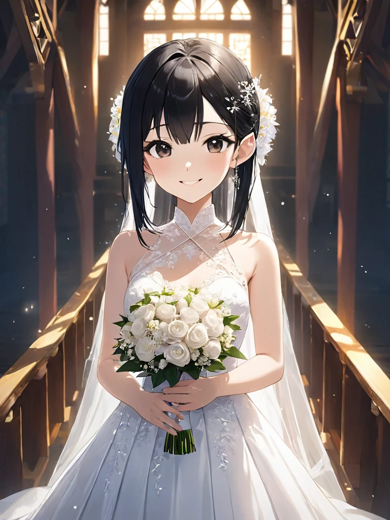 wedding dress, holding a bouquet in hand, in the chapel, tie up hair, open chest, Wedding dress r-18, 1girl, (beautiful japanese girl), (smile girl), (beautiful shiny black straight hair), (semi long hair)(((cut the side hair vertically just only below the ears))), (thin eyebrows), ((the bridge of the nose is straight)), ((nice looking body))