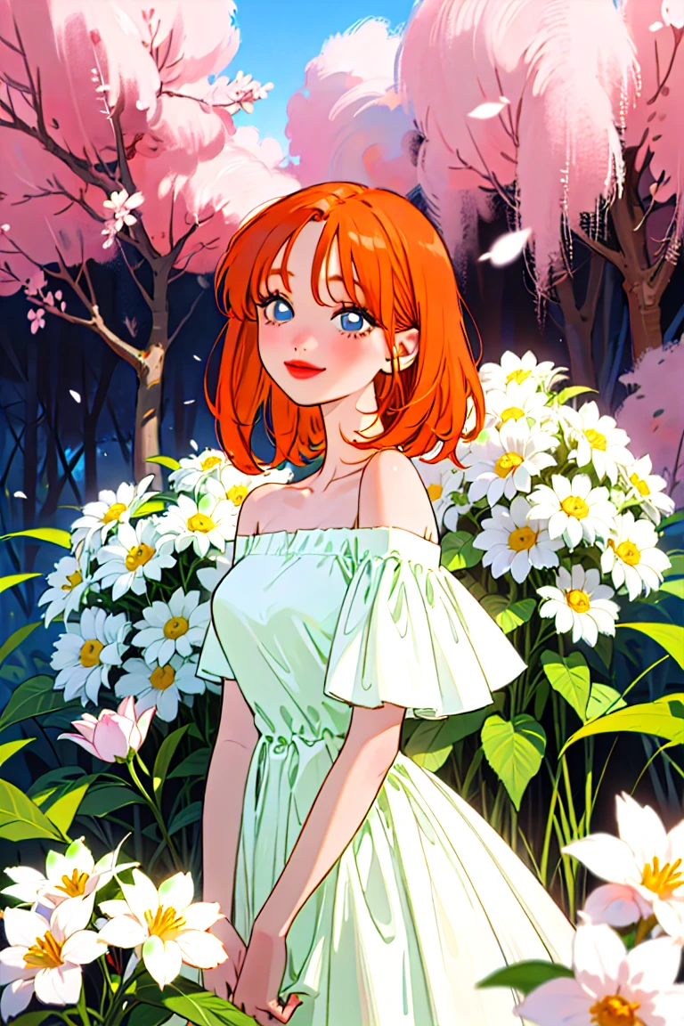 Best quality, masterpiece, ultra high res, (photorealistic:1.4), raw photo, 1girl, white dress, off shoulder, blossom flower field, glowing skin, light smile, yotsuba nakano, orangw hair, shoulder length orange hair, blue eyes, green ribbon