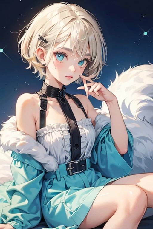 Paws  grey girl cat. She has turquoise eyes, short blonde hair secured with black clips on either side and white eyeshadow. SPARKLE; GLITTER