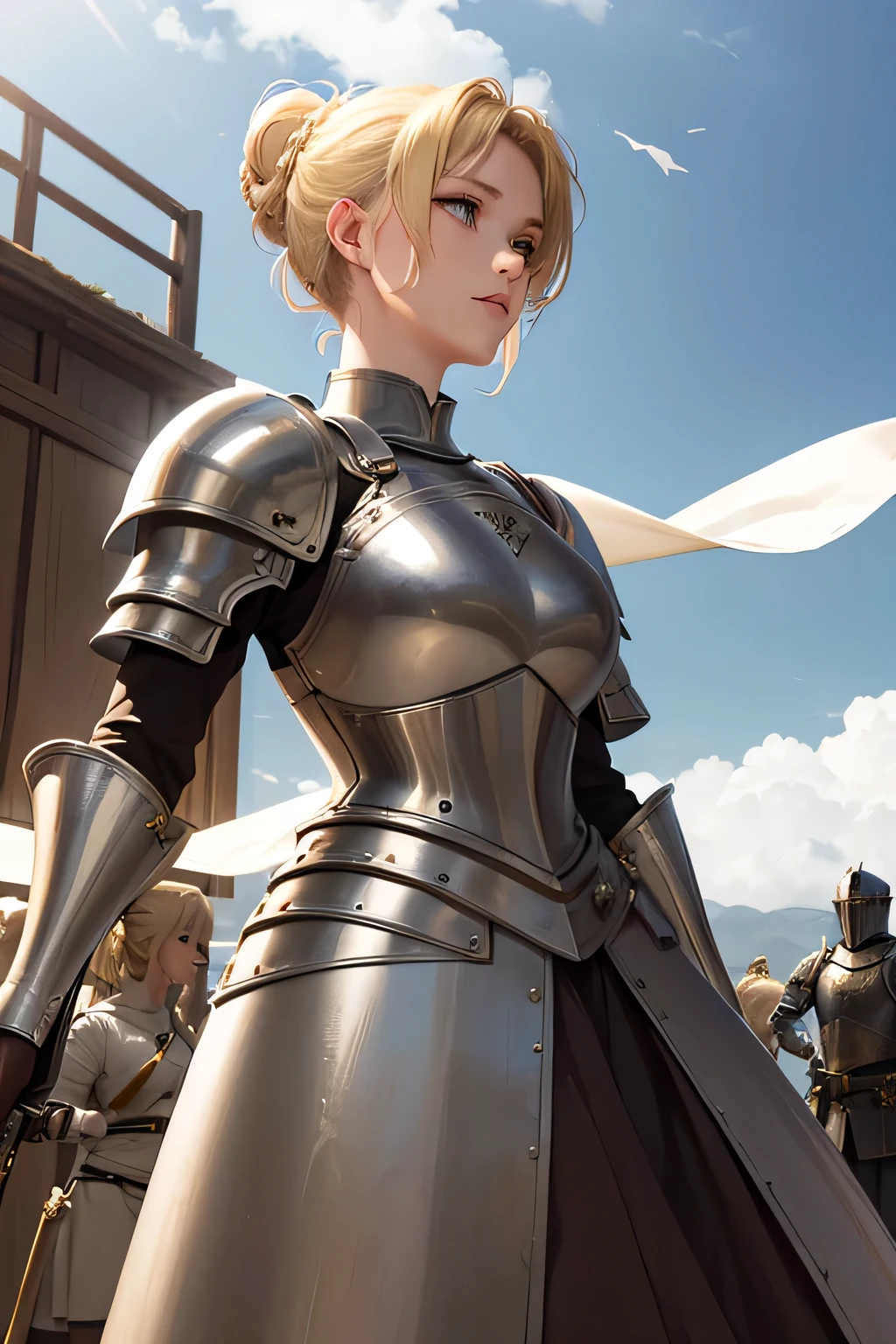 Beautiful 20 year old woman, (((blond updo))), holy knight, White Iron Armor、Swinging the Sword、battlefield