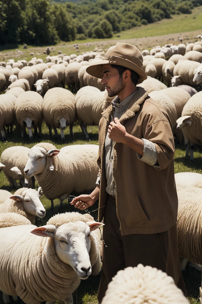 Shepherd herding several sheep