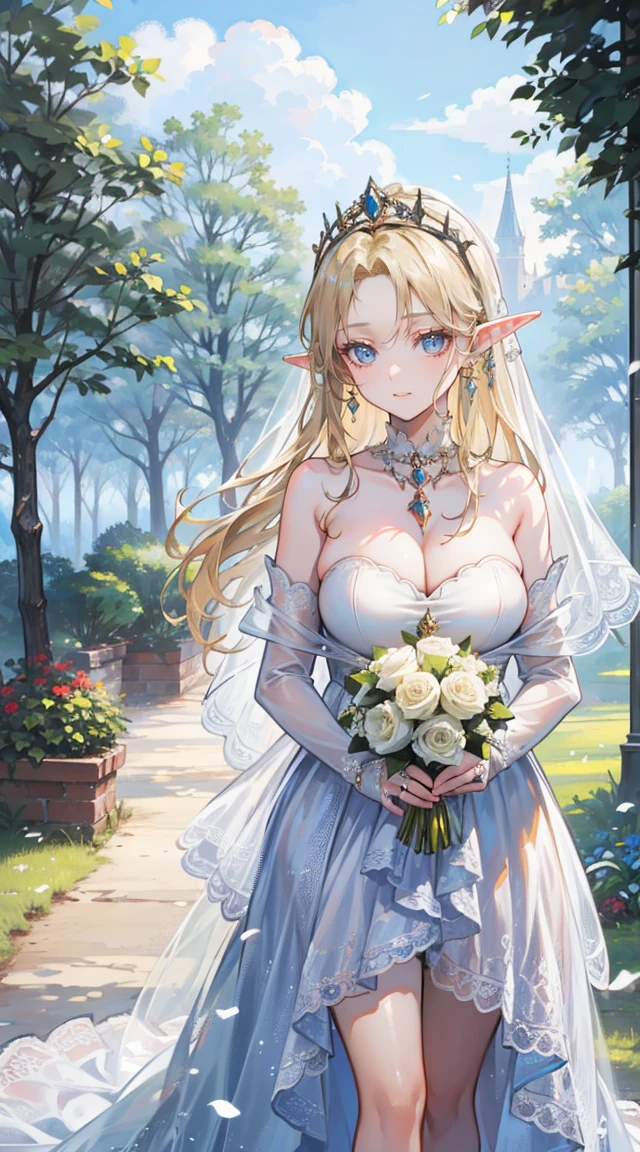 beautiful woman,Folk Girl,blonde with blue eyes,Twist,Wear a strapless wedding dress with no straps.,countryside,countryside,beautiful scenery,European Middle Ages,smile with teeth,forehead,forehead exposed,big tits,rift, (Elf Princess),(2 young women ,beautiful woman)