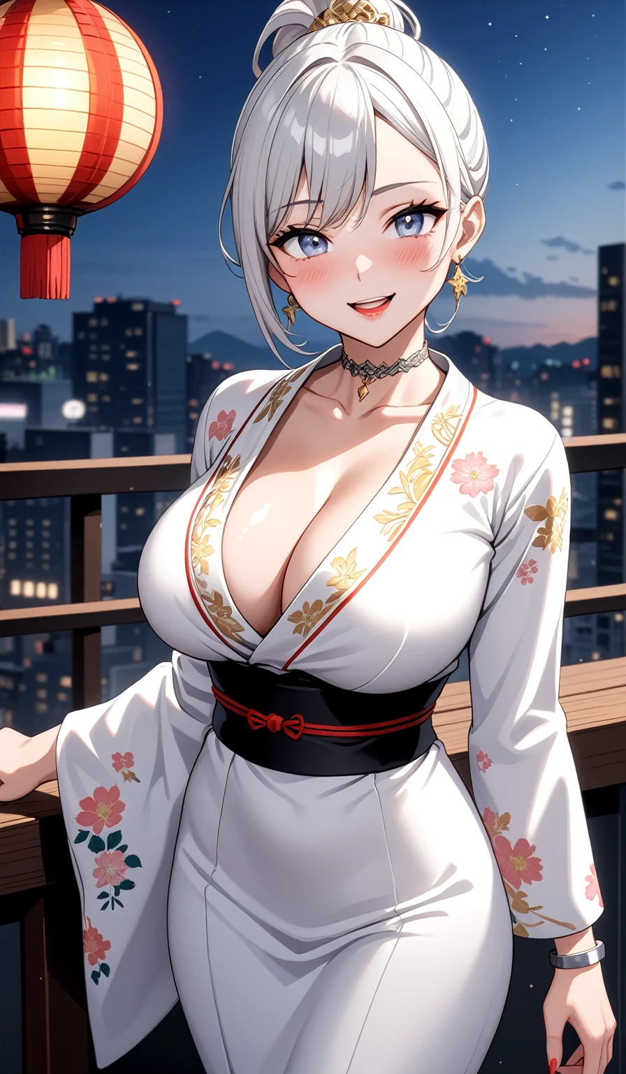 ((One personの女性)), Beautiful Face, Laughing embarrassedly, (laugh:1.2),((Wink:1.9)), (head tilt:1.3), Laugh with your mouth wide open, upper teeth, looking at viewer, ((full-face blush:1.6)),Glossy Red Lips, Night view, High rise building terrace, firework, Glossy red lips, Shining Face, ((Anime style background)),masterpiece, Highest quality, so beautiful,up to date, Complex details, (Pink long nails),(ring),(bracelet),(Floral choker),AI-generated, Complex,High resolution, Highest quality, super high quality,3D Images、3D Images, One person, Long white hair, High Ponytail, Anime woman posing for a photo, ((blue eyes)), ((Fine grain、Silvery white, lightly pigmented eyes、Shining Eyes:1.4)), (Squint your eyes:1.1),a hyperRealistic , hyperRealistic , Realistic,Anime woman with long white hair, Smooth anime CG art, ((A woman in a colorful kimono with gold embroidery)), ((Black long sleeve kimono)),(Red floral pattern),Long flower hair ornament,Earrings,Mature Body,(Big Breasts:1.1),Tall,Abdominal muscles,Tight waist,(face focus:1.3), (front view),