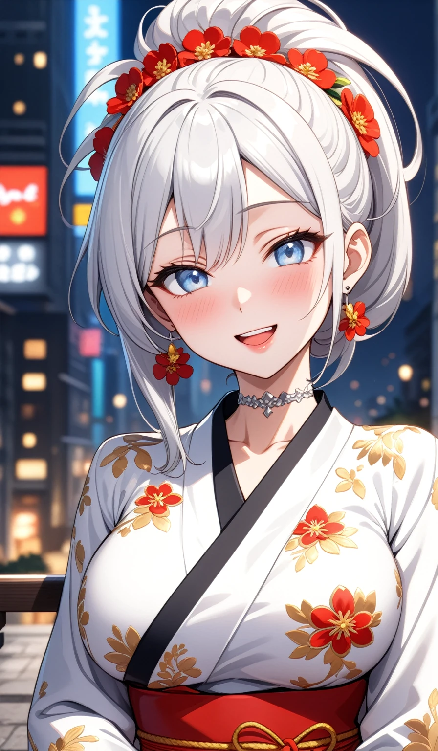 ((One personの女性)), Beautiful Face, Laughing embarrassedly, (laugh:1.2),((Wink:1.9)), (head tilt:1.3), Laugh with your mouth wide open, upper teeth, looking at viewer, ((full-face blush:1.6)),Glossy Red Lips, Night view, High rise building terrace, firework, Glossy red lips, Shining Face, ((Anime style background)),masterpiece, Highest quality, so beautiful,up to date, Complex details, (Pink long nails),(ring),(bracelet),(Floral choker),AI-generated, Complex,High resolution, Highest quality, super high quality,3D Images、3D Images, One person, Long white hair, High Ponytail, Anime woman posing for a photo, ((blue eyes)), ((Fine grain、Silvery white, lightly pigmented eyes、Shining Eyes:1.4)), (Squint your eyes:1.1),a hyperRealistic , hyperRealistic , Realistic,Anime woman with long white hair, Smooth anime CG art, ((A woman in a colorful kimono with gold embroidery)), ((Black long sleeve kimono)),(Red floral pattern),Long flower hair ornament,Earrings,Mature Body,(Big Breasts:1.1),Tall,Abdominal muscles,Tight waist,(face focus:1.3), (front view),
