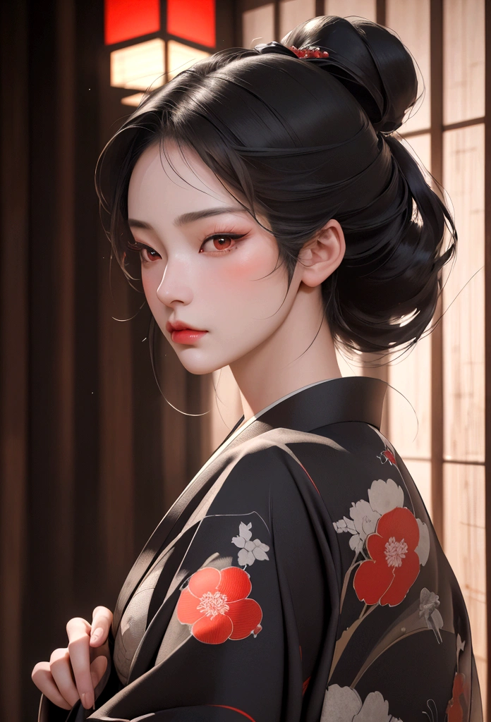 a geisha looking forward, frontal face, geisha kimono, middle finger raised, back of hand showing, serious expression, (best quality,4k,8k,highres,masterpiece:1.2),ultra-detailed,(realistic,photorealistic,photo-realistic:1.37),detailed face,beautiful detailed eyes,beautiful detailed lips,extremely detailed eyes and face,long eyelashes,elegant,traditional japanese art,dramatic lighting,cinematic,striking pose,intricate kimono pattern,vivid colors,moody atmosphere