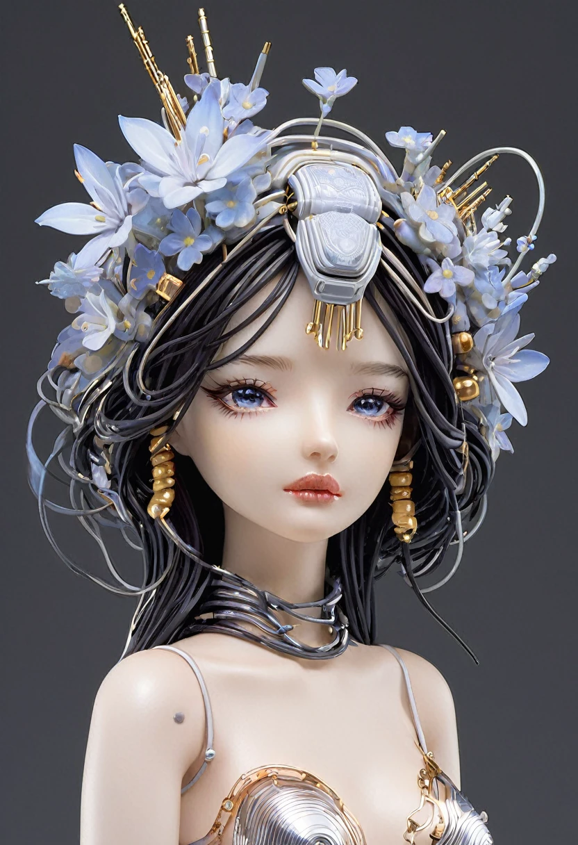 Portrait of beautiful lady with flower crown and electronic circuit dress , all with the style of Hajime Sorayama.