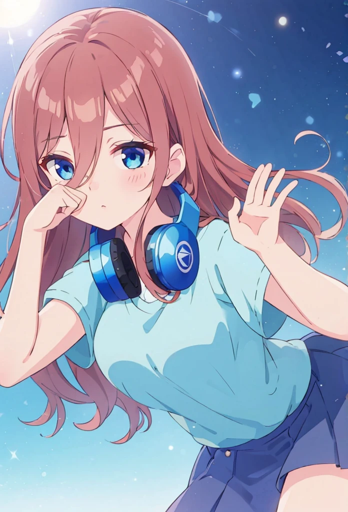 Miku nakano yawning, tender, lovely, 4k, perfect quality, excellent character design, pastel coloured image, vivid colours, bright colours, simple background, magic hill background, splendid nature, natural light, daylight, full body, full shot, dinamic pose, tired, rubbing eyes, laying down, clean lineart, neat, 4k, excellent quality, Ultra Detail, Soft Light, Deep Focus Bokeh, Ray Tracing, --niji 5. long fluffy pink brown hair, blue eyes, nakano_miku, iridescent, blue headset, hair strand falling across face, splendid, iridescent, dynamic pose, moving, excellent character design, full body pose, perfect face, aamiku,long hair,bangs,hair between eyes,headphones around neck