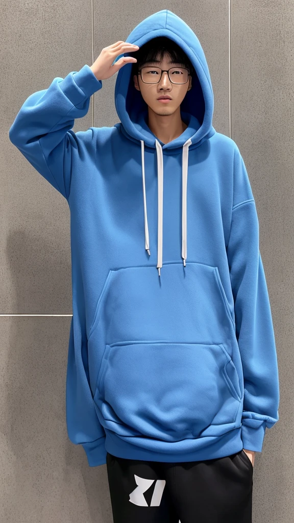 21-year-old boy from Beijing,he is((Oversized xxxl blue solid hoodie)),Wearing black trousers,Wearing sneakers,wearing glasses,whole body,(he is한국 머리카락입니다)Korean,walk,Buzz hairstyle,car