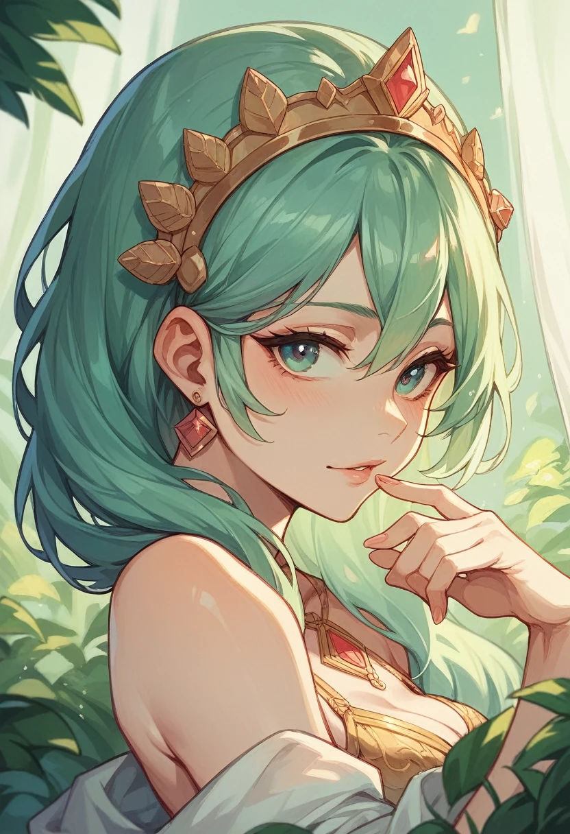 martinisuit master piece, perfect face, best quality, official art, small chest 1girl, green short hair, smirk, tatsumaki, sfm, white dress