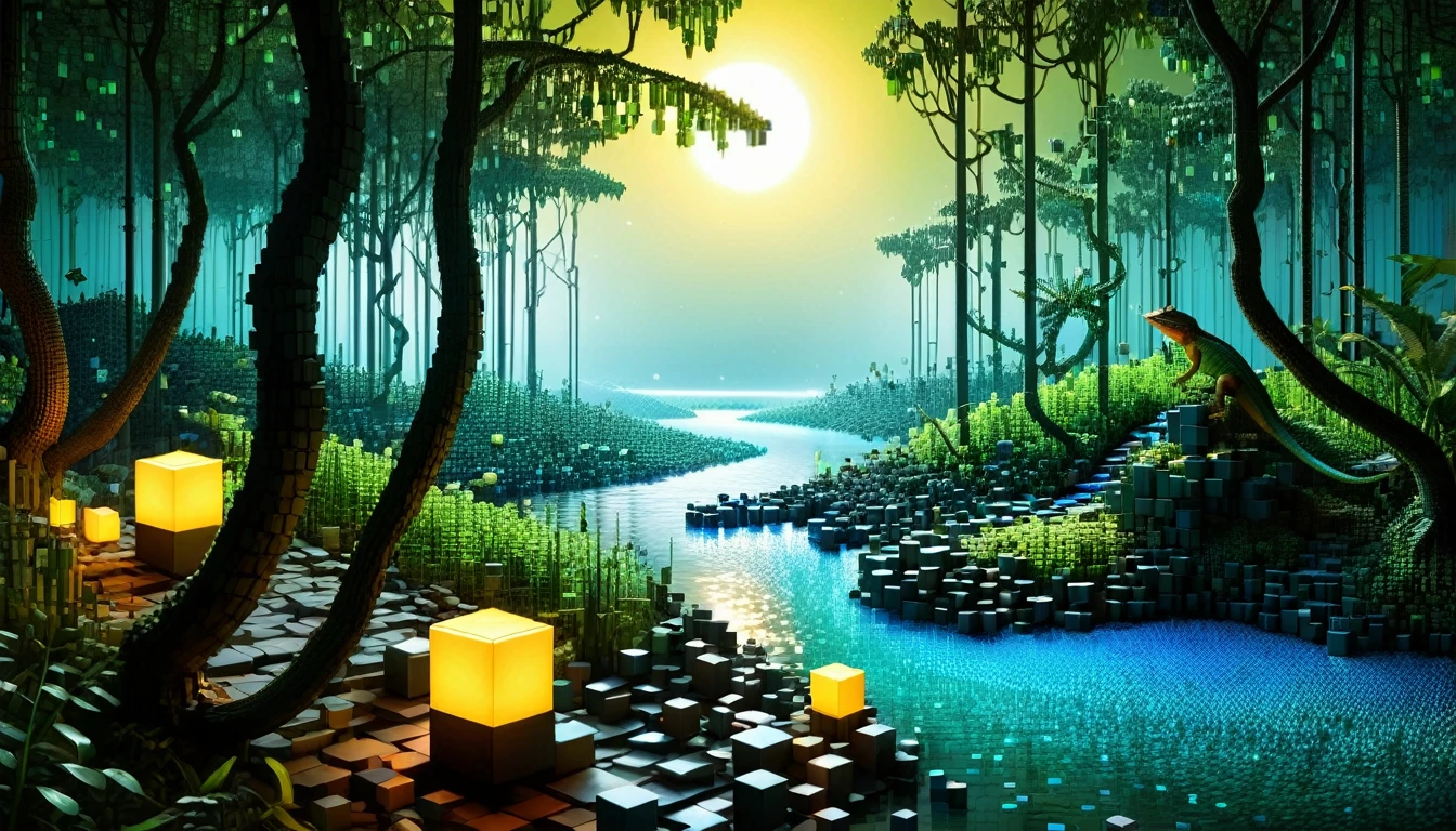 An enchanted forest made up of RAL-3D cubes, There are lots of small lizards,Surrounded by the fantastic light of fireflies,There are lots of small lizards,Very beautiful secret forest,You can see a beautiful river flowing from the top of the mountain.