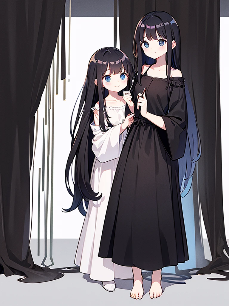 Full-body portrait、Are standing、Adult women、Black Hair、Untidy hair、Messy hair、Thick Hair、Very long hair、Long Hair、A thin, short, revealing black curtain dress、smile