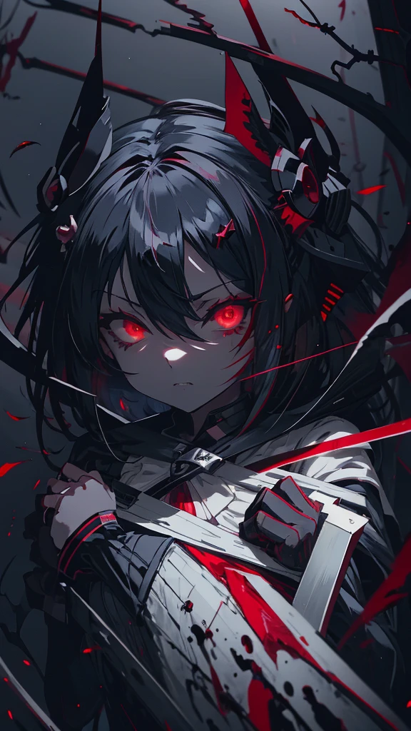 Red eyed anime girl holding a knife and bloody hands, Gothic Maiden Anime Girl, Gap Moe Yandere Grimdark, portrait Gap Moe Yandere Grimdark, gapmoe yandere, Devil Anime Girl, Nightcore, With eyes that glow red, yandere, Vampire Girl, Female Vampire Knight, yandere intricate, Burning, Red eye glow angle from the front eye patch