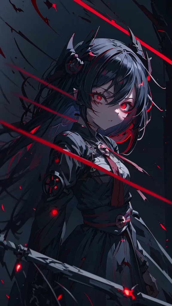 Red eyed anime girl holding a knife and bloody hands, Gothic Maiden Anime Girl, Gap Moe Yandere Grimdark, portrait Gap Moe Yandere Grimdark, gapmoe yandere, Devil Anime Girl, Nightcore, With eyes that glow red, yandere, Vampire Girl, Female Vampire Knight, yandere intricate, Burning, Red eye glow angle from the front eye patch
