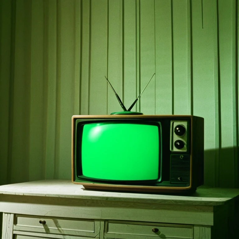 A TV(television) com screen green na tela da television, the tv is on a table in an american horro story style horror movie room