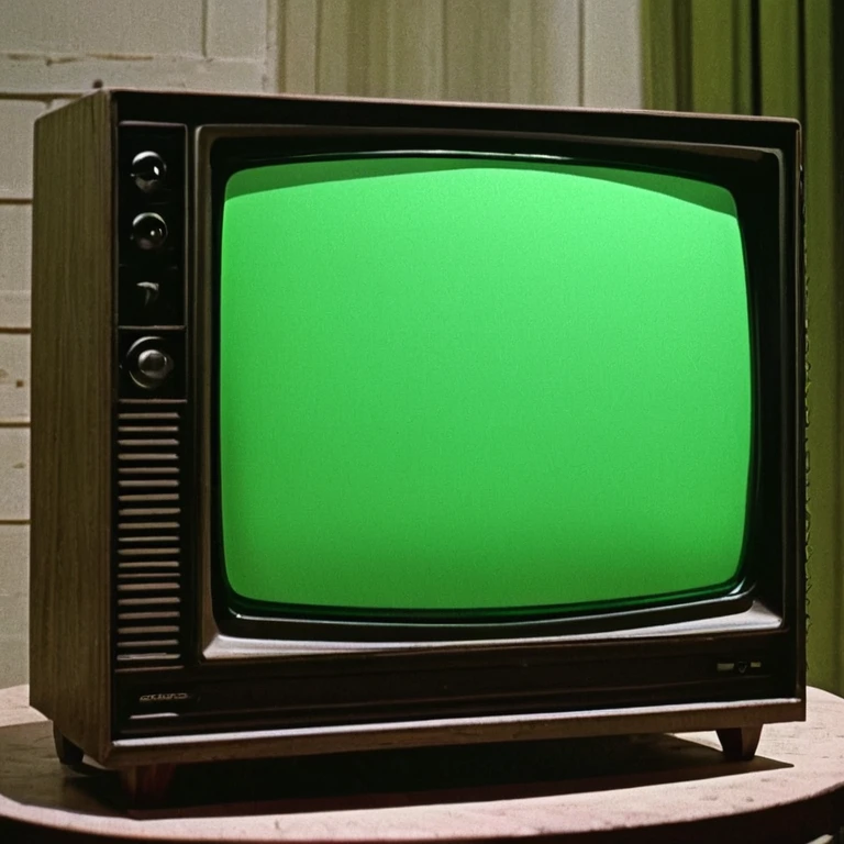 A TV(television) com screen green na tela da television, the tv is on a table in an american horro story style horror movie room