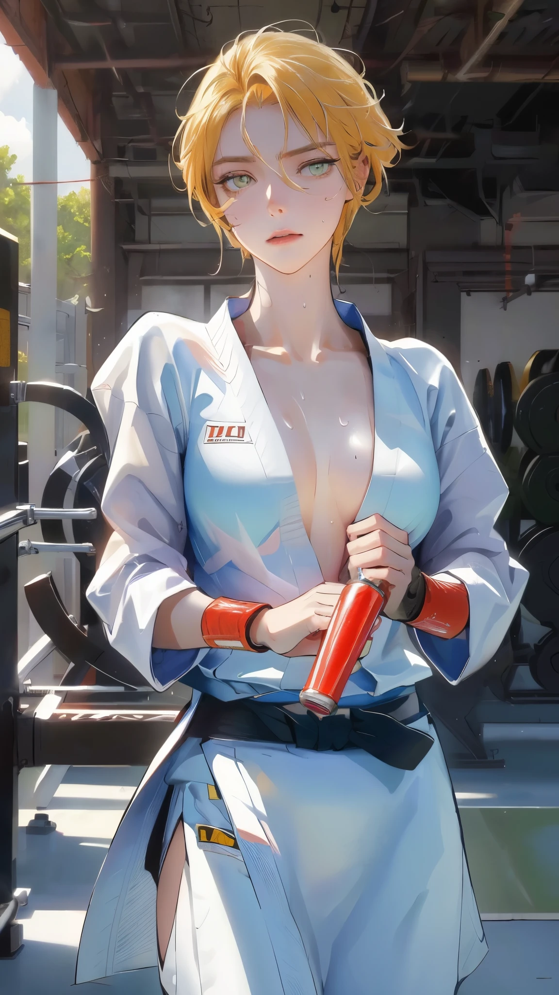 ((((masterpiece, best quality, high resolution)))), Extremely detailed 8K, 1 female, wearing a white Karate gi, (Ultra HD, Ultra-detailed, Highly detailed, Highly realistic, Ultra-realistic, photograph realistic), (1girl:1.5), (Realistic yellow hair), (dynamic poses), facing at camera, looking at viewer, (slightly serious face), (green eyes, sharp eyes), (perky breasts:1.2), (beautiful detailed face, beautiful detailed eyes), ((worn out karate gi)), (preparing for a fight), sweat, glow, (sunbeam, sunlight), ((cowboy shot)), inside a training gym, seductive, EnvyBetterHands LoCon,