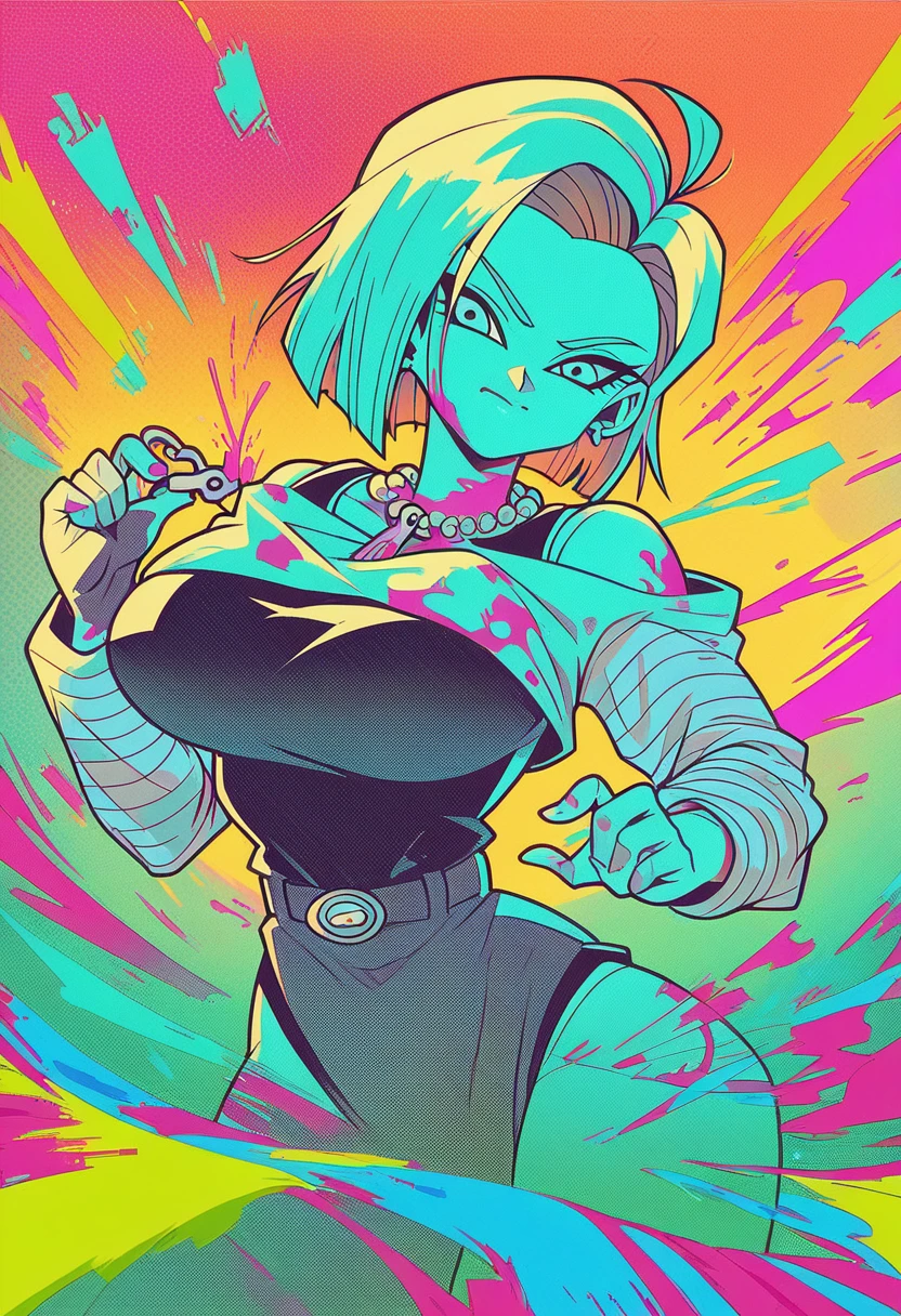 anime, girl, cute, cyber punk, colorful, ink paint Line art, Vector art, Bold line, Glitch Art, Flat Color, Key Visual, Vibrant, Drafting, Line art, Minimalist, masterpiece,Android 18 from Dragon Ball、Big Breasts