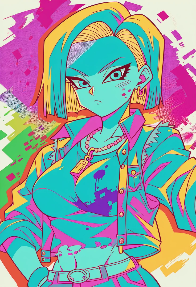 anime, girl, cute, cyber punk, colorful, ink paint Line art, Vector art, Bold line, Glitch Art, Flat Color, Key Visual, Vibrant, Drafting, Line art, Minimalist, masterpiece,Android 18 from Dragon Ball、Big Breasts