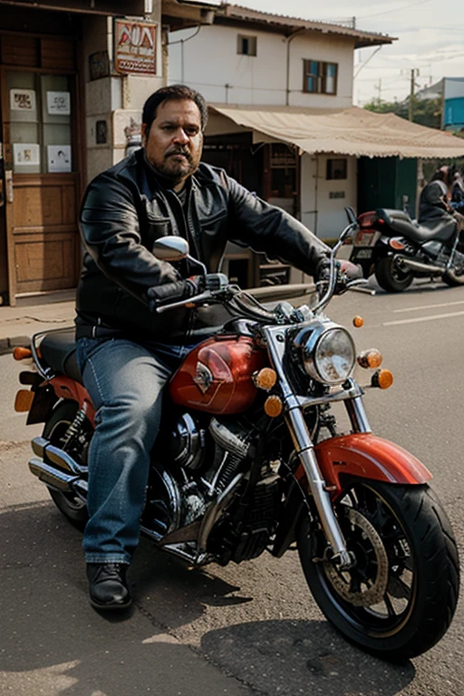 Biker 40 years old, slightly overweight, thoughtful face,Sitting on a motorcycle "Indian"