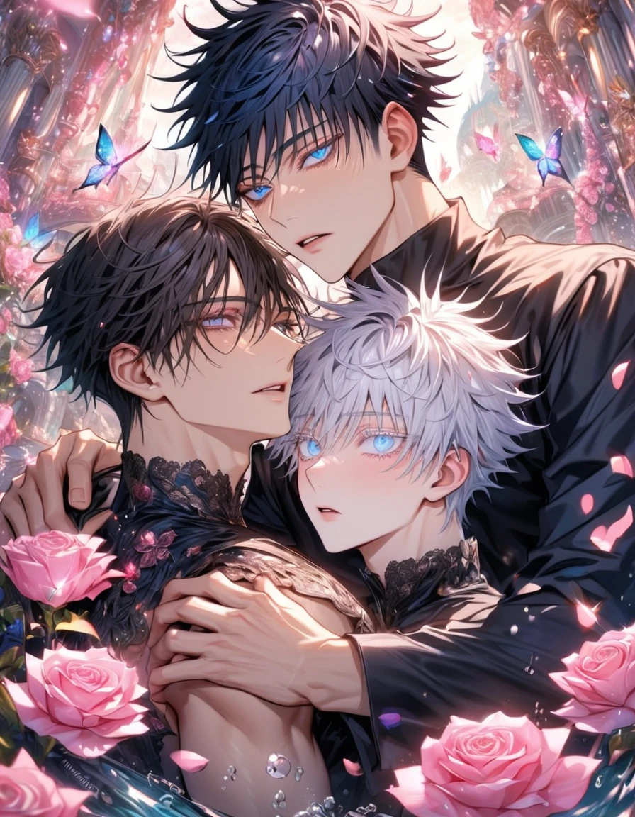 Ultra detailed, HDR, Highres, absurdres, master piece, Gojou Satoru, expressive blue eyes, white hair with bangs, white eyelashes, Fushiguro Megumi, expressive blue eyes, black hair, Jujutsu Kaisen, black shirt, pink glittering butterflies, pink ice, petals, pink ice glass roses, 2 sexy men together, gay couple, love, handsome, glittering, water, fantasy, magical