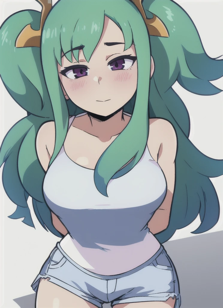 1girl, standing, blush, looking_at_viewer, shiny_skin, white_background, solo, head_tilt, arms_behind_back,  cowboy_shot, pale, white_skin, green_hair, bandaeu, jean_shorts, 
