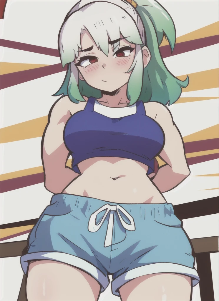 1girl, sitting, panties, midriff, crop_top, groin, solo, simple_background, smile, looking_at_viewer, blunt_bangs, small_breasts, hand_on_own_hip, busty, sports_bra, legs_together, smirk, long_hair, horns,  legs_apart, socks, feet, arm_support, two-toned_hair, green_hair, 
<lora:homebrew_dashi3full-000006:0.8>,