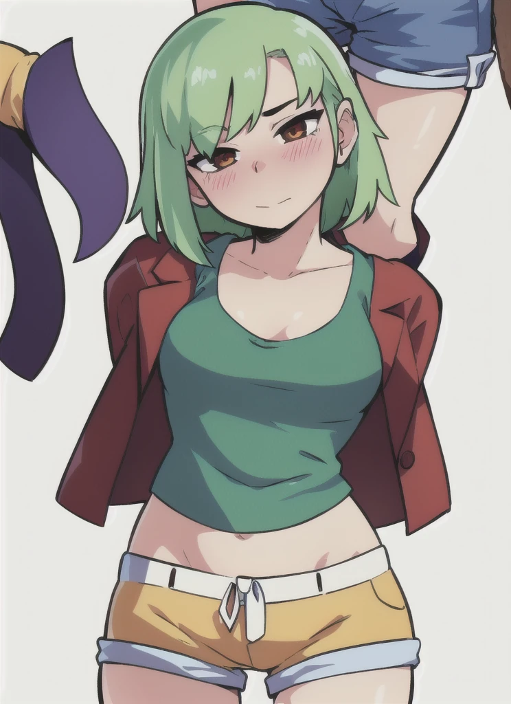 1girl, standing, blush, looking_at_viewer, shiny_skin, white_background, solo, head_tilt, arms_behind_back,  cowboy_shot, pale, white_skin, green_hair, bandaeu, jean_shorts, 
