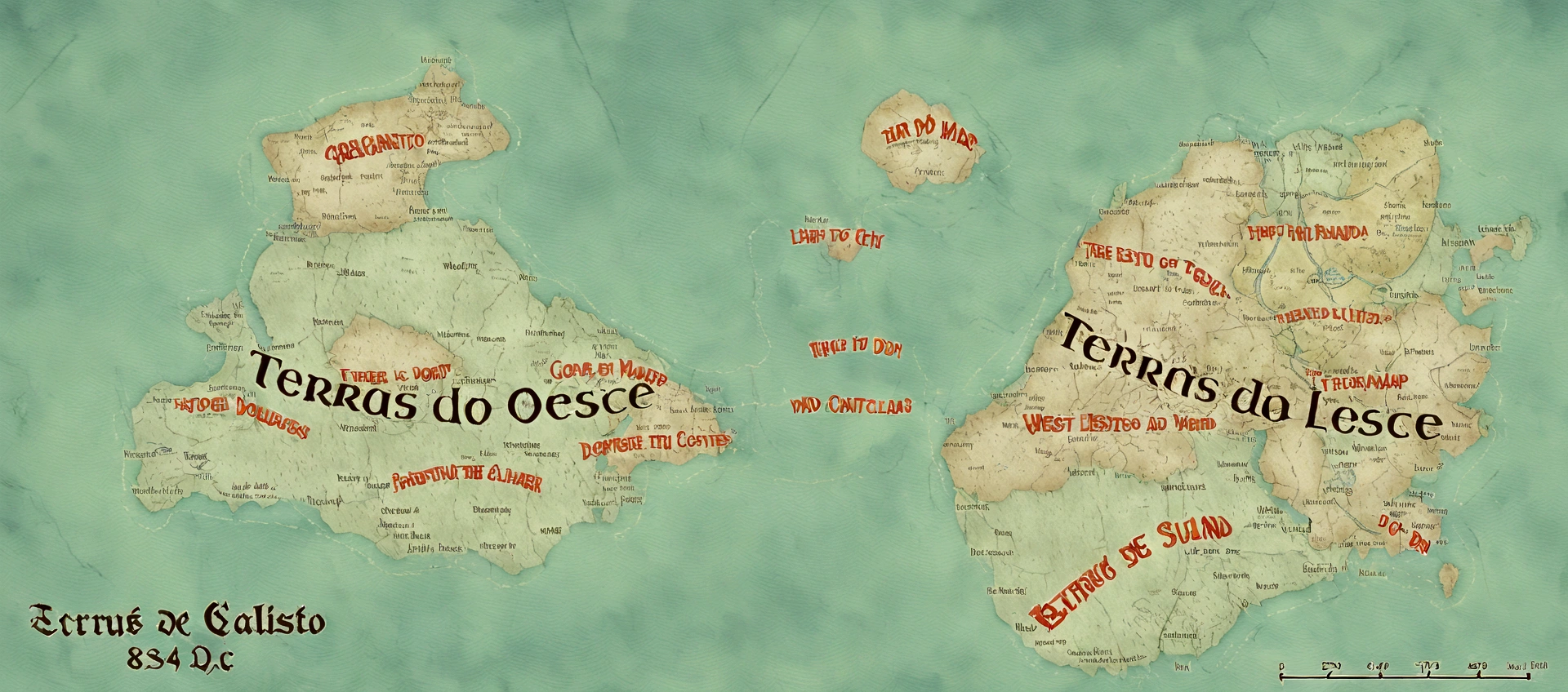 there is a map with two continents,West Lands and East Lands, in half an island the moonlight island, based on geographic map, steam office maps, detailed fantasy map, highly detailed map, map patreon, fantasy maps, d&d style fantasy map design, fantasy map, detailed map, fantasy world map, Fantasy cartography, simple fantasy map, extremely detailed d&d Map, the name of the map in the corner, written Lands of Callisto and below, 894 dc