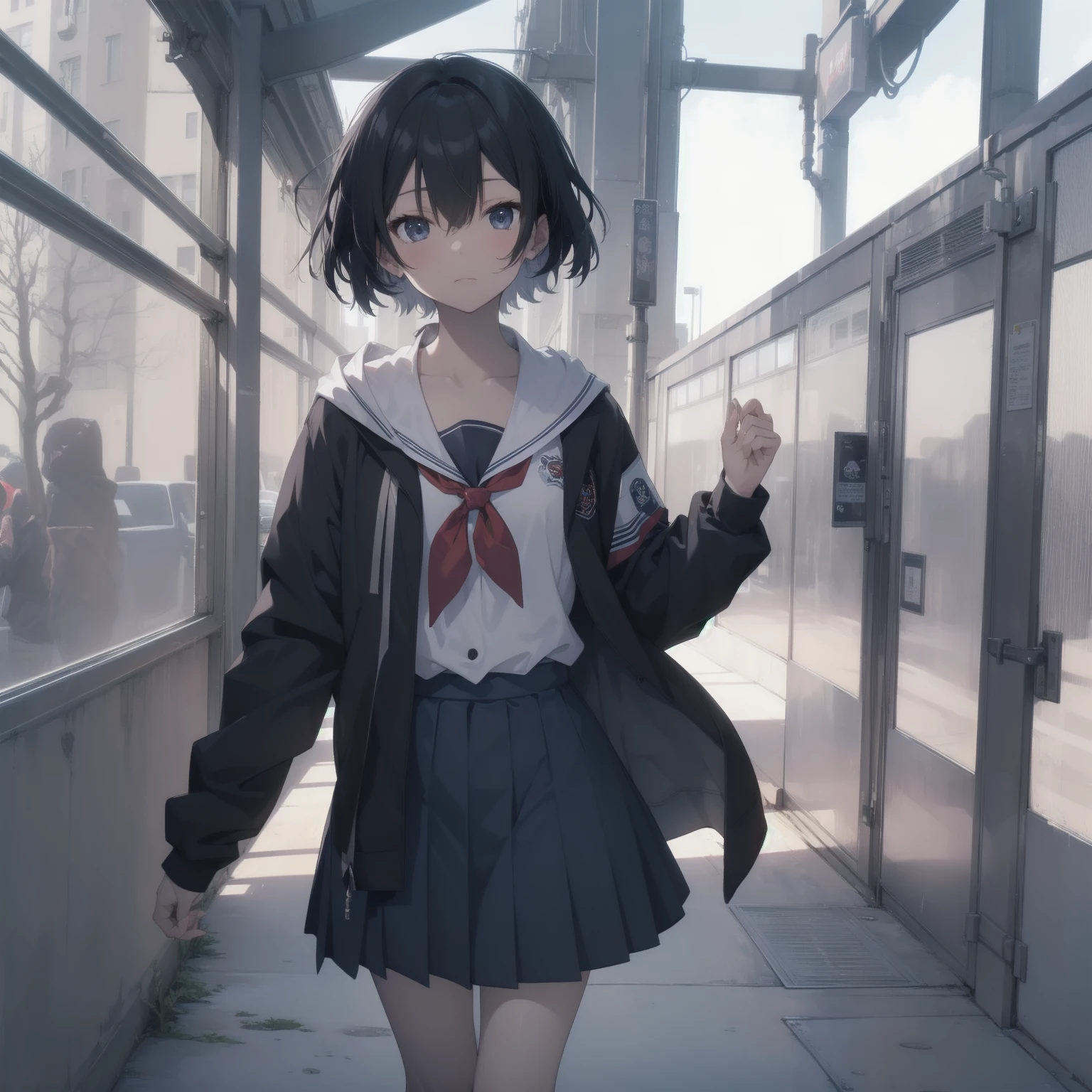 ultra-absurdres-Top quality by artist God, ultra-detailed, high resolution, anime moe artstyle, best anime 8k konachan wallpaper, pixiv contest winner, pool:2810, perfect anatomy,break, 1girl, (Please draw a girl walking sleepily to school alone. )break,(Solo,little female, 13-year-old:1.3),Full limbs, complete fingers,a junior high school student, (very short hair), short cut, flat chest, , small butt, small black eyes, beautiful detailed eyes, well-proportioned iris and pupils, expressive eyes, highres detailed hair, soft expression, salor school_uniform, sailor collar, serahuku, bow, pleated skirt,(Detailed Lighting), (Detailed background), in the School commute route. break,super detailed skin, Best cinematic lighting powered by famous artist, 8k,beauty illustration,photoshop_(medium),very aesthetic,break,((artist:toosaka_asagi )), artist:clamp ,artist:carnelian ,artist:kantoku ,