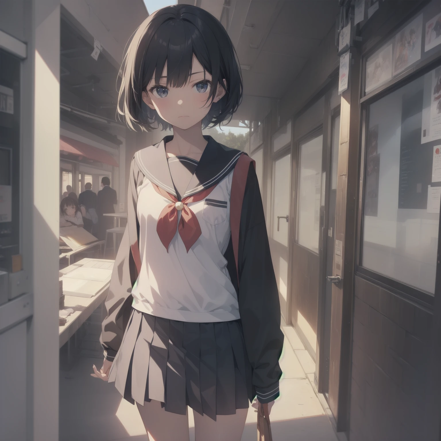 ultra-absurdres-Top quality by artist God, ultra-detailed, high resolution, anime moe artstyle, best anime 8k konachan wallpaper, pixiv contest winner, pool:2810, perfect anatomy,break, 1girl, (Please draw a girl walking sleepily to school alone. )break,(Solo,little female, 13-year-old:1.3),Full limbs, complete fingers,a junior high school student, (very short hair), short cut, flat chest, , small butt, small black eyes, beautiful detailed eyes, well-proportioned iris and pupils, expressive eyes, highres detailed hair, soft expression, salor school_uniform, sailor collar, serahuku, bow, pleated skirt,(Detailed Lighting), (Detailed background), in the School commute route. break,super detailed skin, Best cinematic lighting powered by famous artist, 8k,beauty illustration,photoshop_(medium),very aesthetic,break,((artist:toosaka_asagi )), artist:clamp ,artist:carnelian ,artist:kantoku ,
