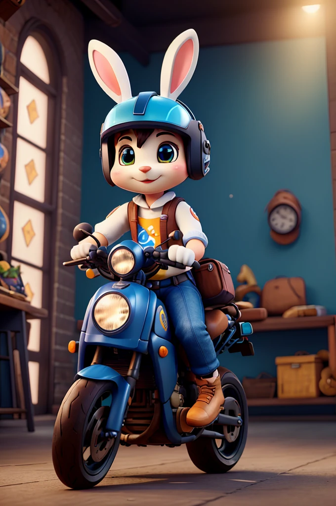 A cute cartoon bunny courier riding a motorcycle, Detailed helmet, 3d rendering, Vibrant colors, Dynamic poses, light, Whimsical atmosphere, masterpiece, best quality, 8K, Extremely detailed, Reality