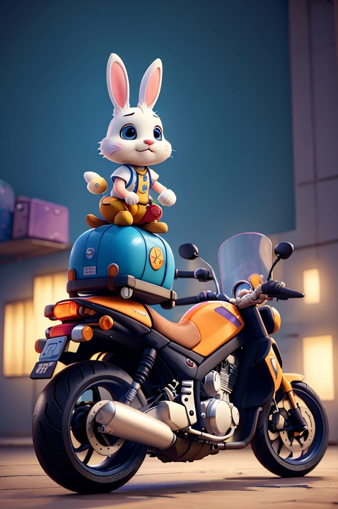 A cute cartoon bunny courier riding a motorcycle, Detailed helmet, 3d rendering, Vibrant colors, Dynamic poses, light, Whimsical atmosphere, masterpiece, best quality, 8K, Extremely detailed, Reality