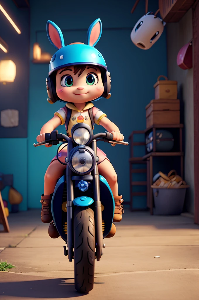 A cute cartoon bunny courier riding a motorcycle, Detailed helmet, 3d rendering, Vibrant colors, Dynamic poses, light, Whimsical atmosphere, masterpiece, best quality, 8K, Extremely detailed, Reality
